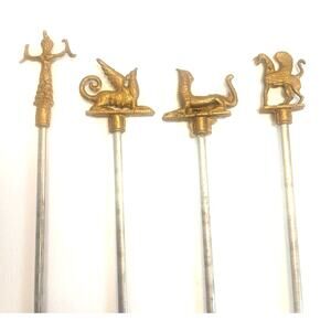 Vintage Antique Heavy Duty Brass Skewers Minoan Mythological Creatures Set of 4